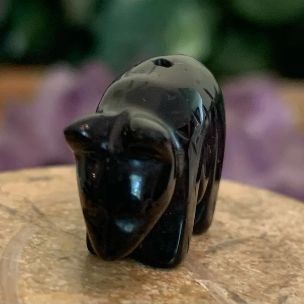 Vintage Carved Obsidian Black Bear Fetish Pendant Bead Detailed Drilled Mini .9